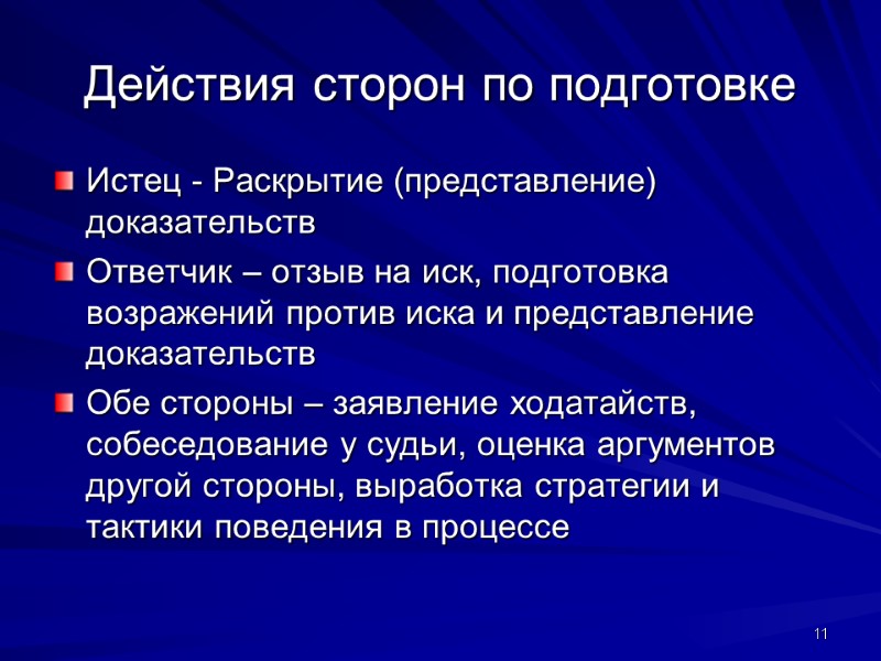 Действия сторон по подготовке Истец - Раскрытие (представление) доказательств Ответчик – отзыв на иск,